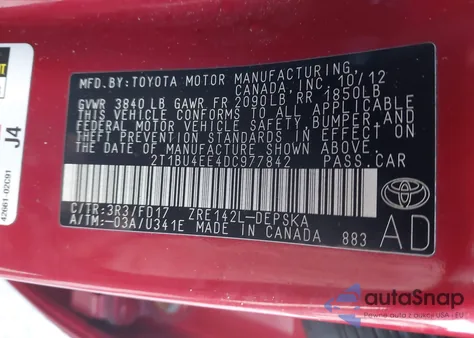 2013 Toyota Corolla S from USA, damaged, VIN 2T1BU4EE4DC977842